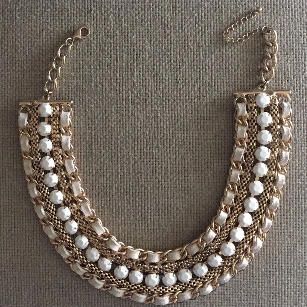 Leather and White Jeweled Necklace in Gold